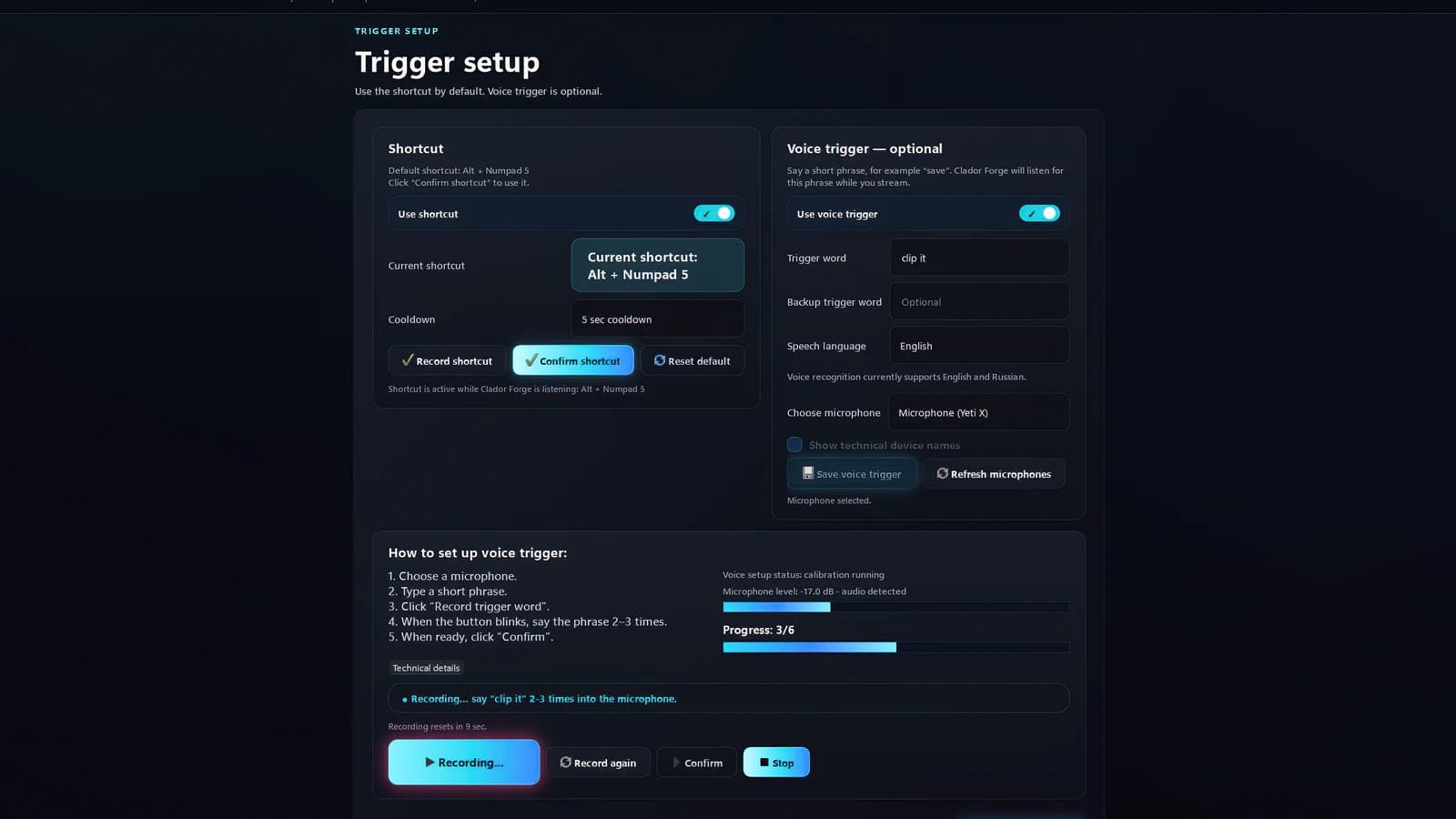 Clador Forge Trigger Setup showing shortcut and optional voice-trigger controls