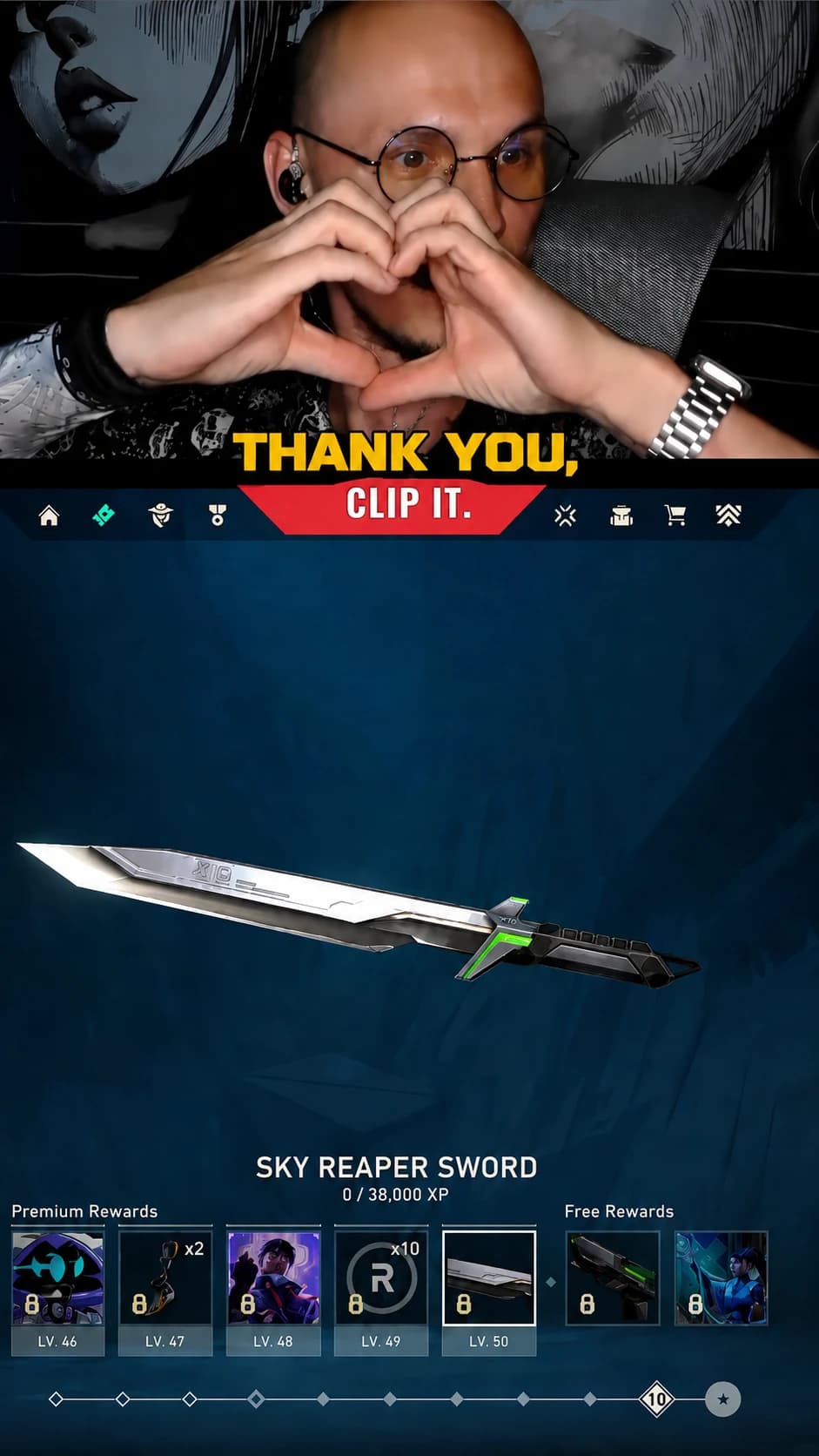 Final vertical gaming Short showing a streamer making a heart gesture above a game reward screen with the caption Thank you, Clip It