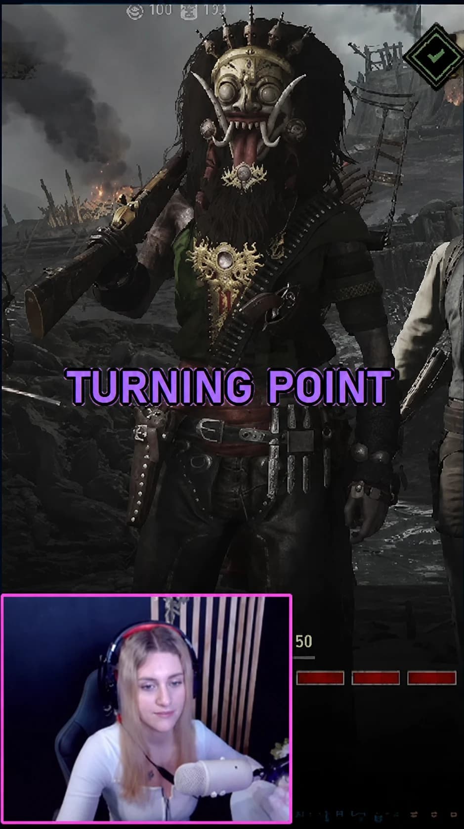 Final vertical gaming Short showing a masked warrior and a streamer webcam with the caption Turning Point