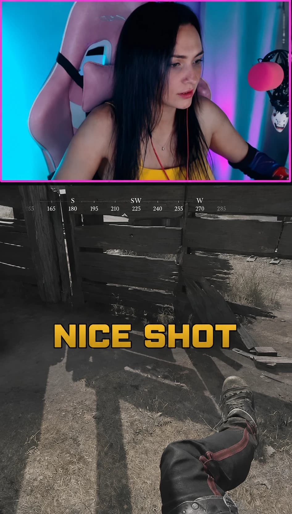 Final vertical gaming Short showing a streamer webcam above grayscale gameplay with the caption Nice Shot