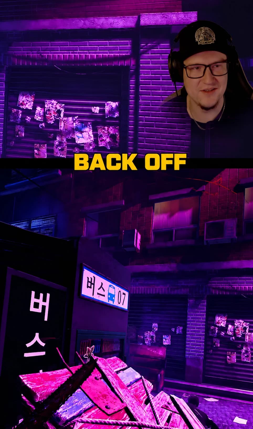 Final vertical gaming Short showing a streamer webcam over neon city gameplay with the caption Back Off