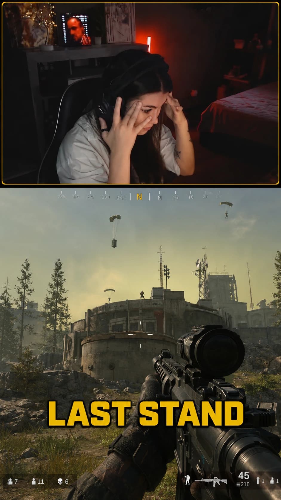 Final vertical gaming Short showing a streamer webcam above Warzone-style gameplay with the caption Last Stand