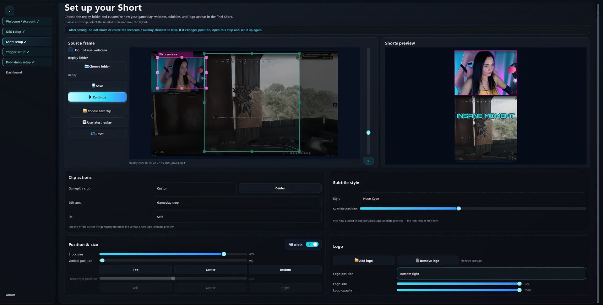 Clador Forge editor showing source gameplay webcam framing vertical Short preview subtitles and logo controls